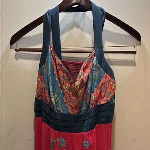 Boho Halter Maxi Dress in Teal & Coral from Anthropologie